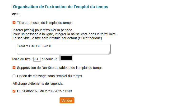 option d'extraction de l'EDT, avec le DNB