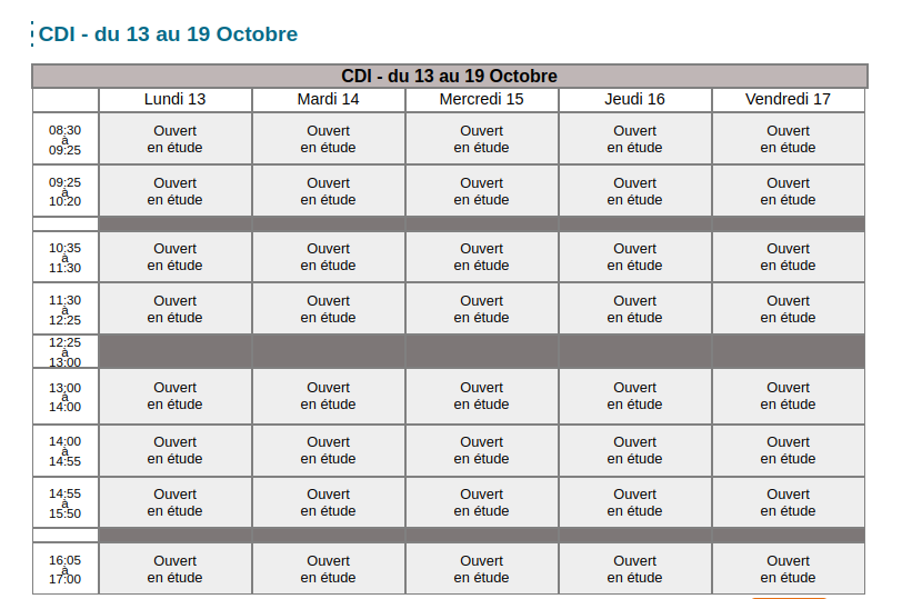 emploi du temps avec horaires de début et fin de chaque créneau
