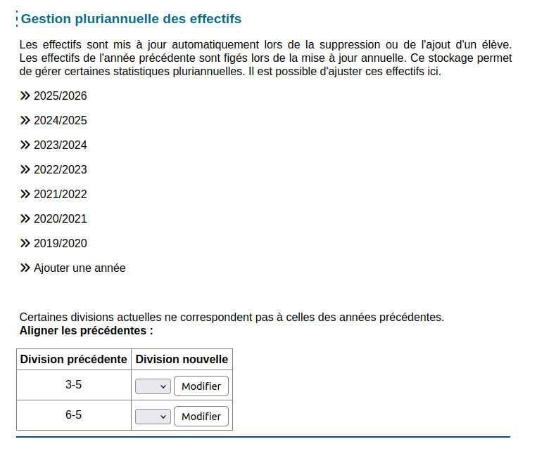 formulaire d'alignement des noms des divisions