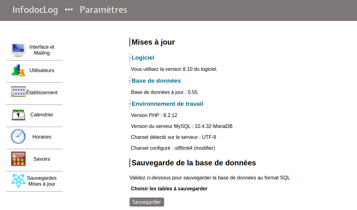 options de mises à jour et d'environnement de travail