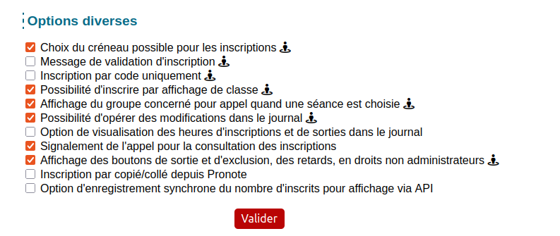 options diverses pour les inscriptions