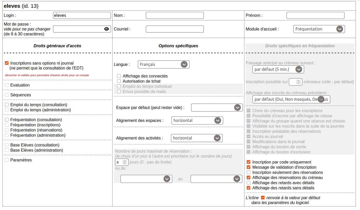 exemple de paramétrage pour un utilisateur