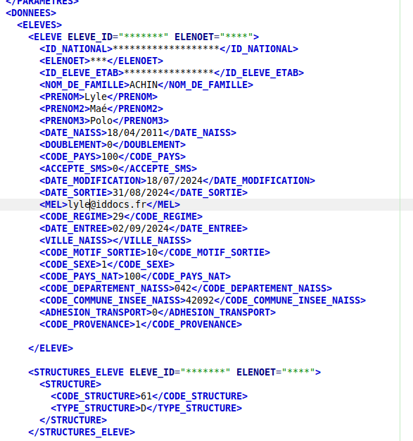 extrait de fichier XML (exemple avec ElevesSansAdresses.xml)