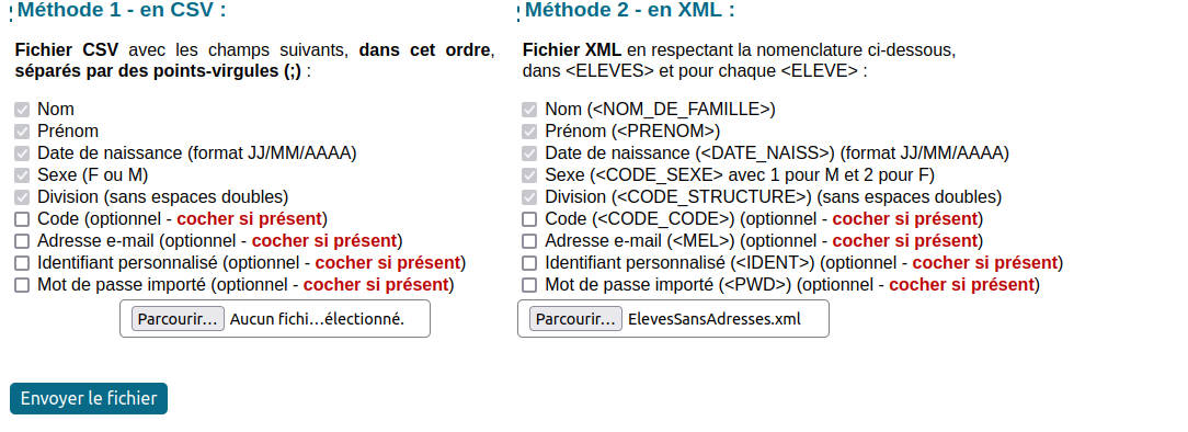 étape avant l'envoi du fichier pour l'intégration