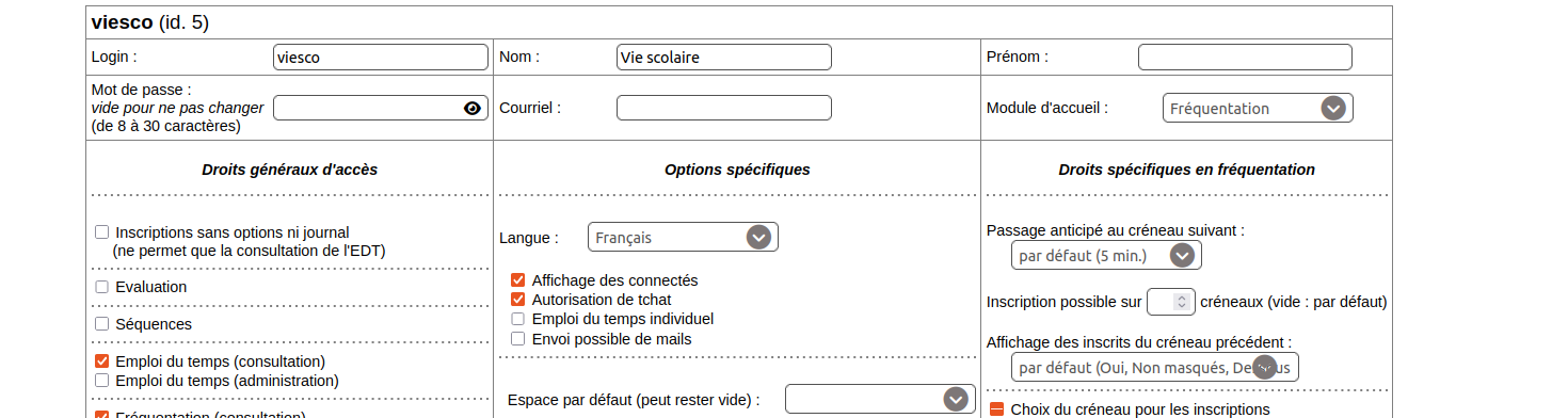 options activées pour l'accès au tchat